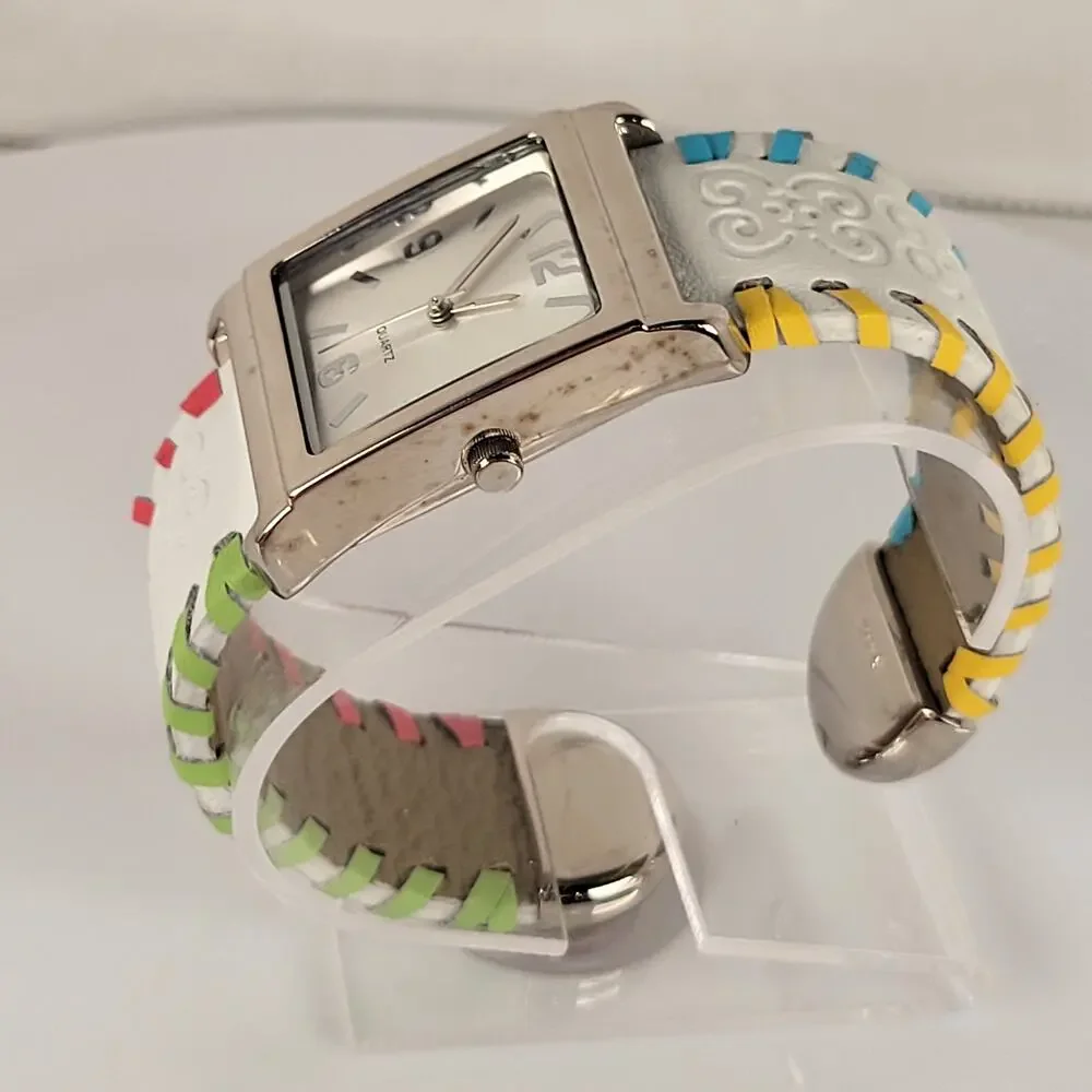 Silver Quartz Watch with Embossed Cuff White Leather Strap and Multicolor Design